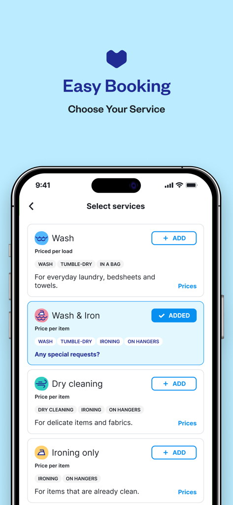 Laundryheap: On-Demand Laundry - 洗濯、クリーニング、アイロンサービスのオプションを表示するLaundryheapアプリの画面