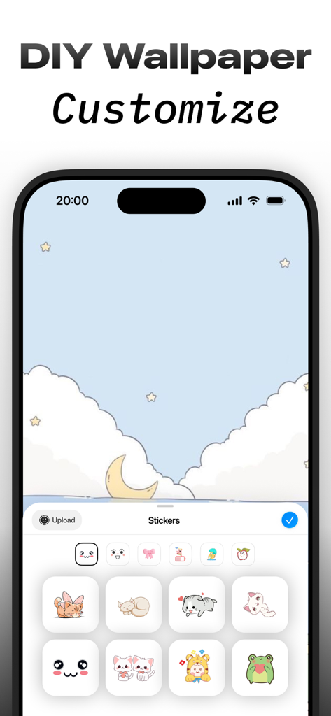 Emoji Battery Widget - iPhone screen showing a DIY wallpaper customization interface with cute kawaii stickers and emoji faces