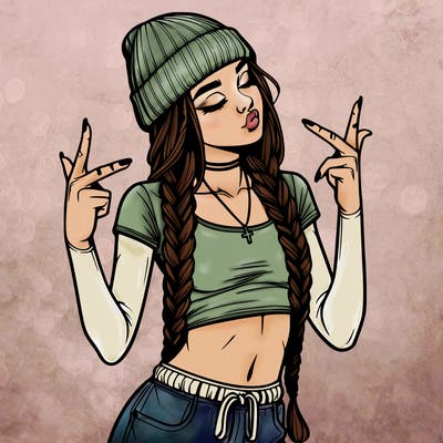 realistic teenage girl with braids and a beanie and crop top doing 🫶🏼