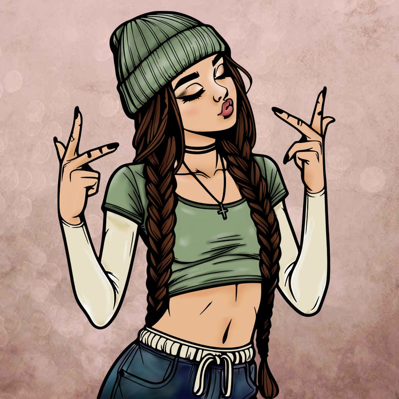 realistic teenage girl with braids and a beanie and crop top doing 🫶🏼