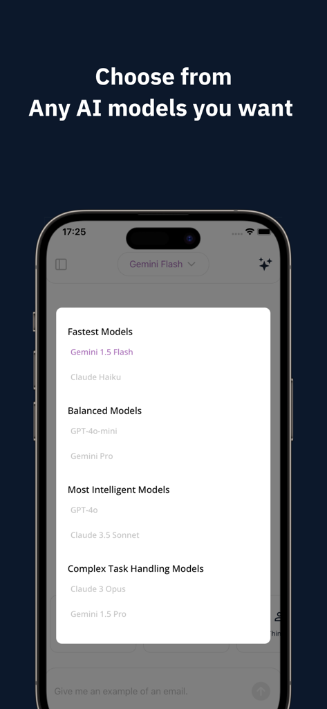 Interface de l'application Hub AI montrant les options de choix entre différents modèles d'IA comme GPT-4 Claude et Gemini