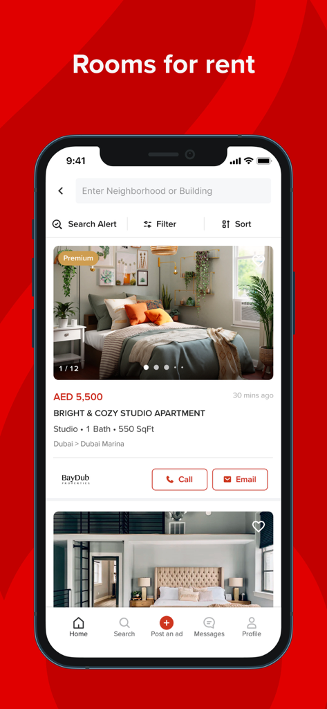 dubizzle - Résultats de recherche de l'application Dubizzle pour des chambres à louer à Dubai Marina, affichant une annonce pour un studio.