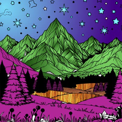 realistic snowy mountain range with stars and meadows in front and forest