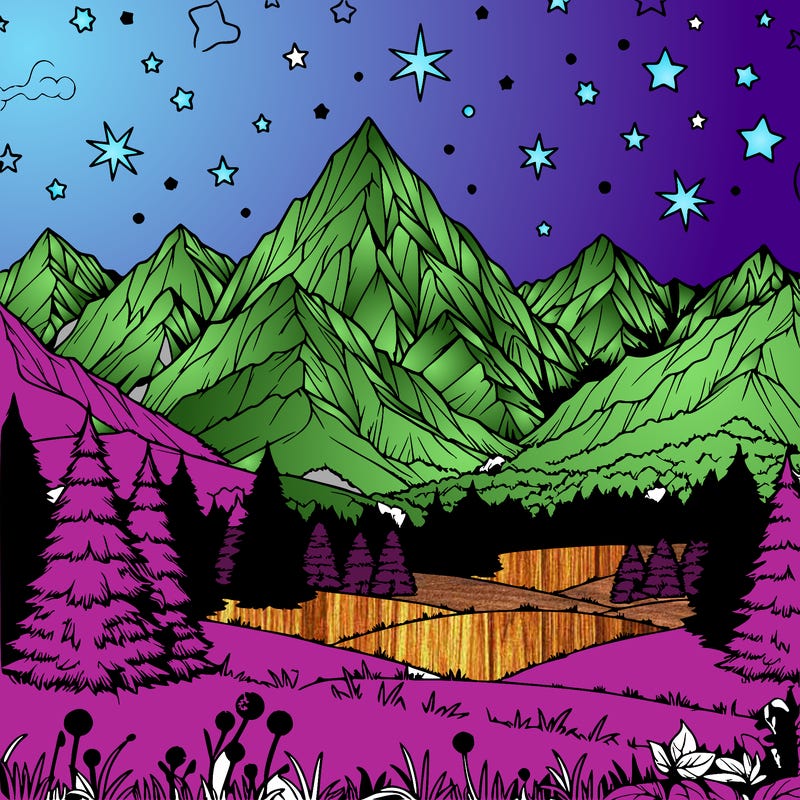 realistic snowy mountain range with stars and meadows in front and forest