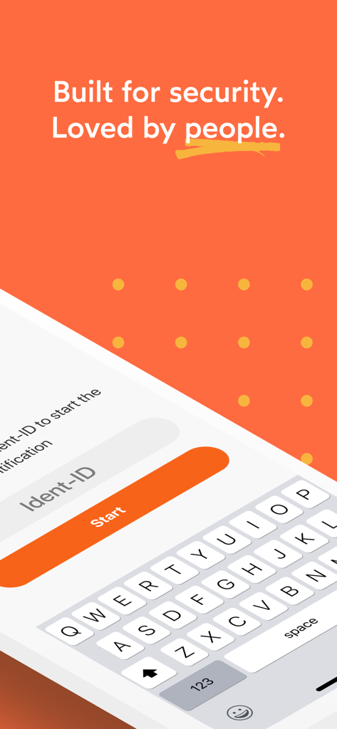 IDnow Online-Ident - L'écran d'accueil de l'application mobile IDnow Online-Ident présente un champ de connexion sécurisé et le slogan « Conçu pour la sécurité, apprécié des utilisateurs ».