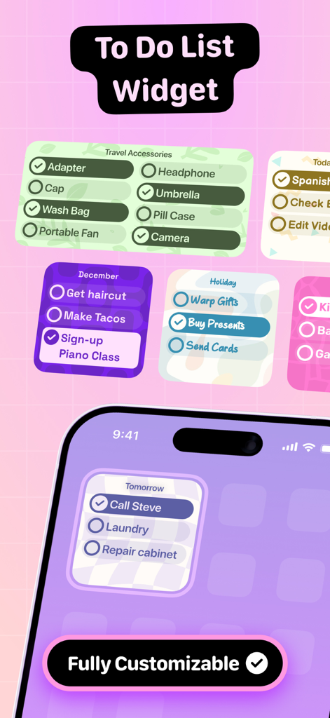 Aesthetic and colorful customizable to do list widgets on an iPhone screen