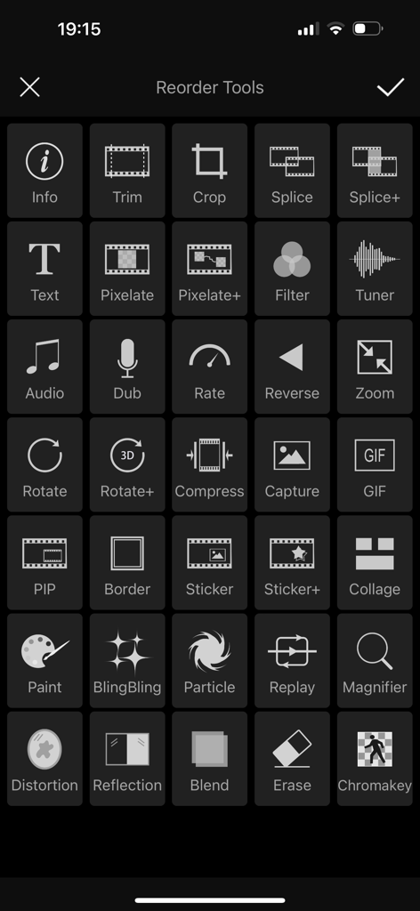 Videdit - Handy Video Editor - Grid of over 30 video editing tools and features in the Videdit mobile app