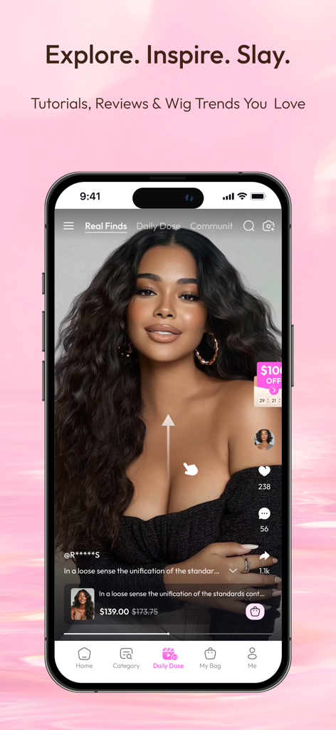 UNice: Wigs & Hair Bundles - Interface de l'application mobile UNice montrant un flux vidéo avec des avis sur les perruques et les tendances capillaires.