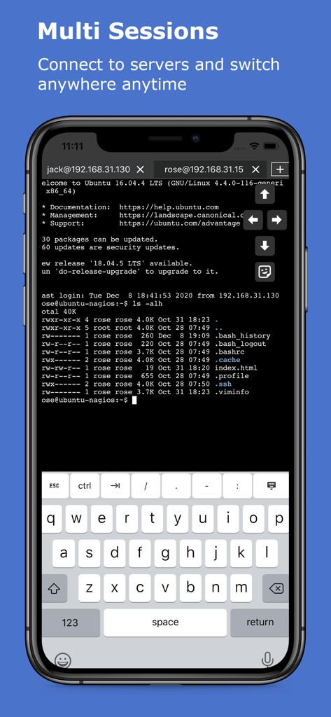 xTerminal app displaying multiple SSH sessions on a mobile screen