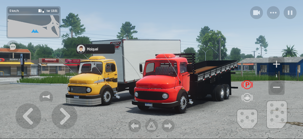 Two customized trucks, one yellow and one red, parked together in a multiplayer session of Global Truck Online simulation game.