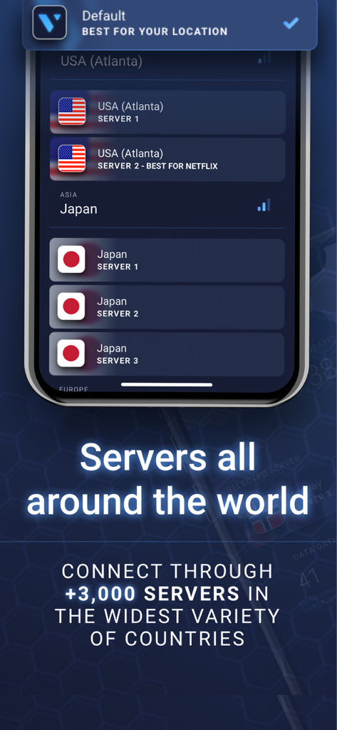Interface de l'application mobile montrant une liste mondiale de lieux de serveurs VPN, y compris les États-Unis et le Japon