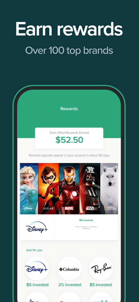 UNest: Investing for Your Kids - UNest app screen showing earned rewards from top brands for kids investment account