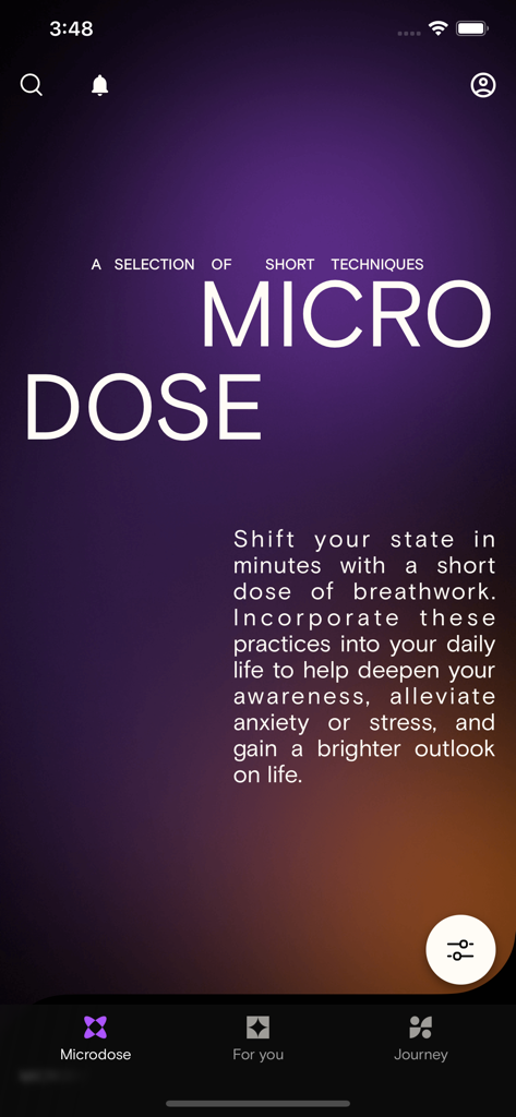 VANA - VANAアプリの画面。精神状態をシフトするためのマイクロドーズ呼吸法について説明しています