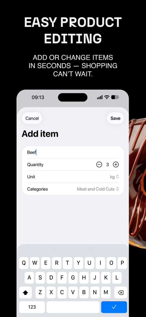 Shoplist - Your shopping list - Interface of the Shoplist app on an iPhone showing the easy product editing and add item screen with beef quantity and category options.