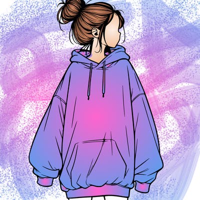 realistic girl with a oversized sweatshirt on and a bun