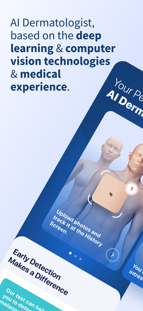 AI Dermatologist: Skin Scanner - Interface do aplicativo AI Dermatologist destacando a tecnologia de aprendizado profundo para escaneamento de sinais de pele e detecção precoce