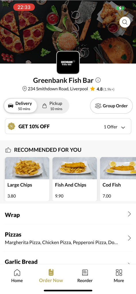 Greenbank Fish Bar app menu screen with fish and chips recommendations