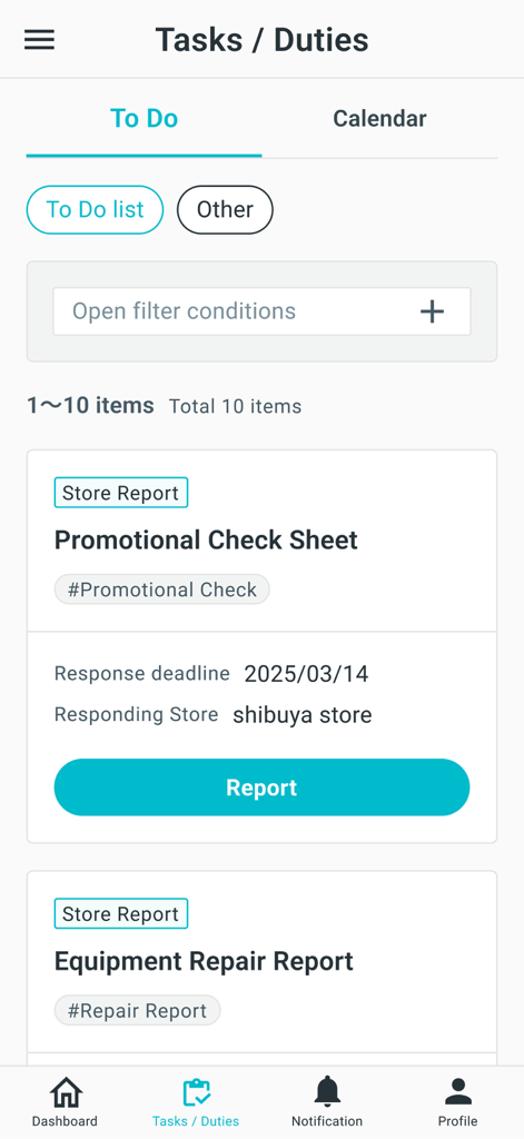 Makitori - Makitori app interface showing a to do list of store reports and tasks for retail management