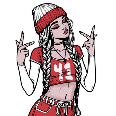 realistic teenage girl with braids and a beanie and crop top doing 🫶🏼