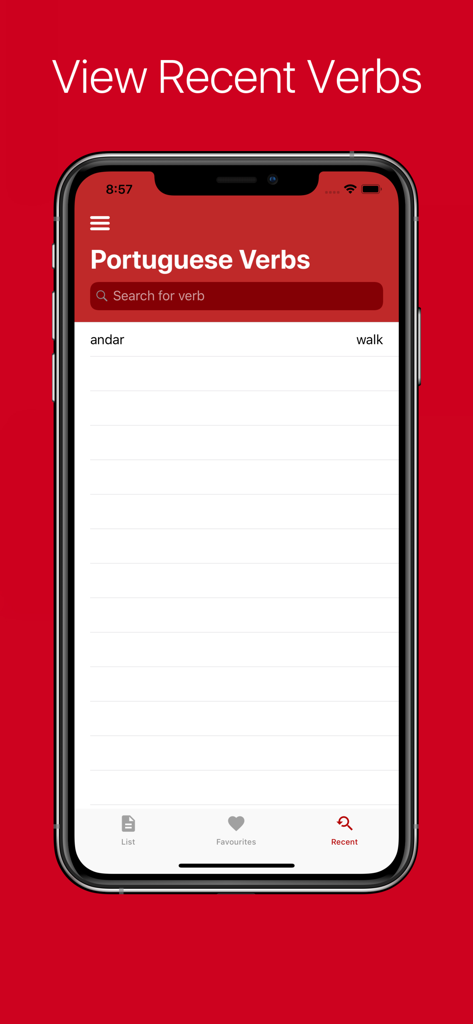 Portuguese Verb Conjugator Pro - Interfaz que muestra el historial de verbos buscados recientemente en la aplicación Conjugador de Verbos Portugueses