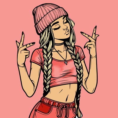 realistic teenage girl with braids and a beanie and crop top doing 🫶🏼