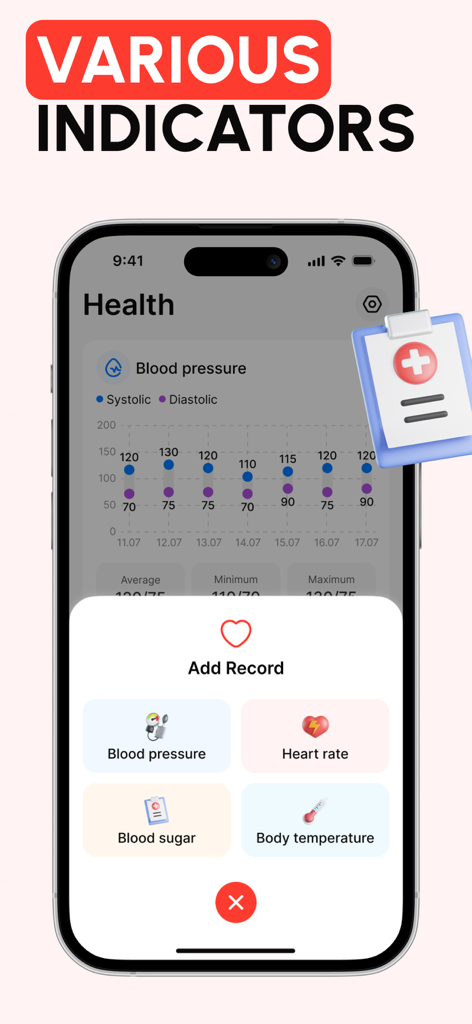 Blood Pressure. Health Monitor - Smartphone screen showing blood pressure charts and a menu to add records for heart rate, blood sugar, and body temperature