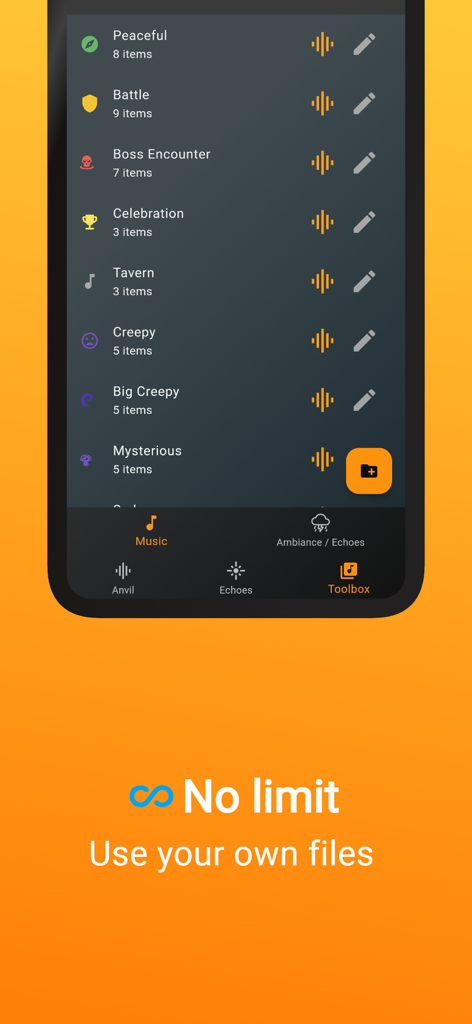 Interface of Audio Forge RPG Soundboard app showing sound categories like battle and tavern with an option to import custom audio files