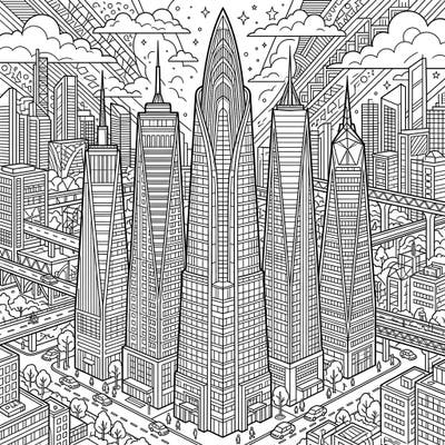 Challenge your artistic skills with this detailed coloring page featuring majestic tapered skyscrapers. Perfect for teens, this intricate urban landscape invites you to bring a vibrant modern city to life with your favorite colors.