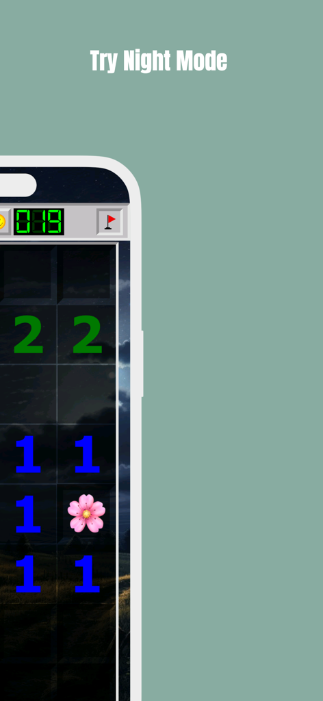 Pantalla del juego Buscaminas que muestra el tema de modo noche con fondo oscuro e iconos de flores rosas