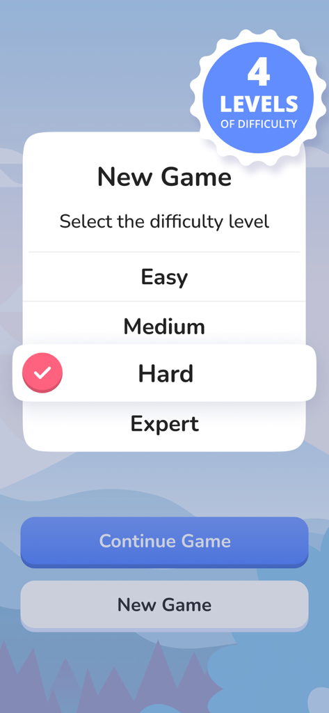 Sudoku: Classic Sudoku Puzzle⋆ - Sudoku game menu showing four difficulty levels from Easy to Expert with Hard selected