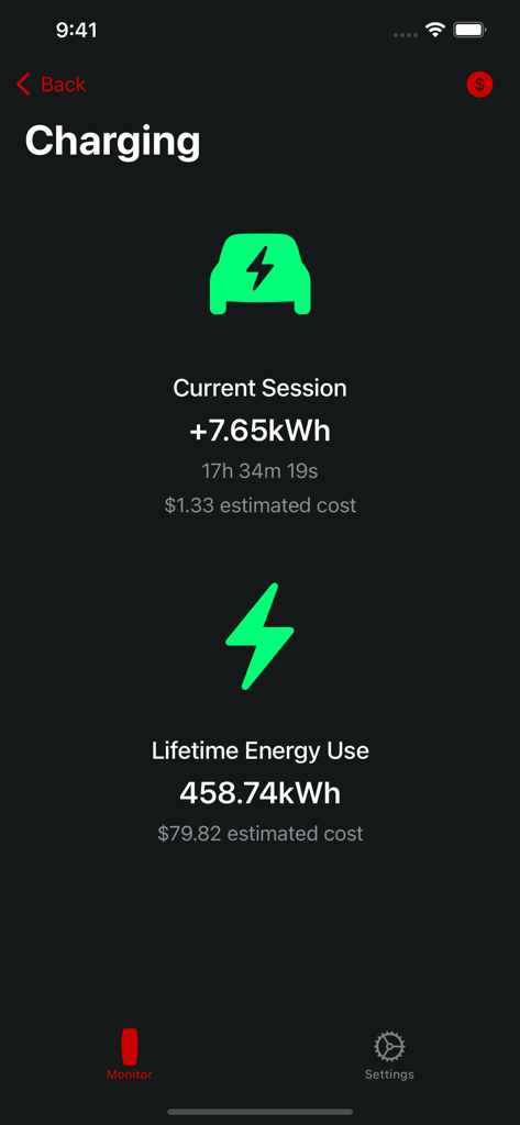 Wall Monitor for Tesla - Dashboard showing current charging session and lifetime energy use with estimated costs in the Wall Monitor for Tesla app.