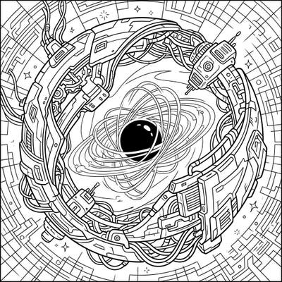 Journey into the future with this stunning Cyberpunk Ergosphere coloring page. Experience the intricate fusion of cosmic phenomena and high-tech aesthetics, ready for your artistic touch.