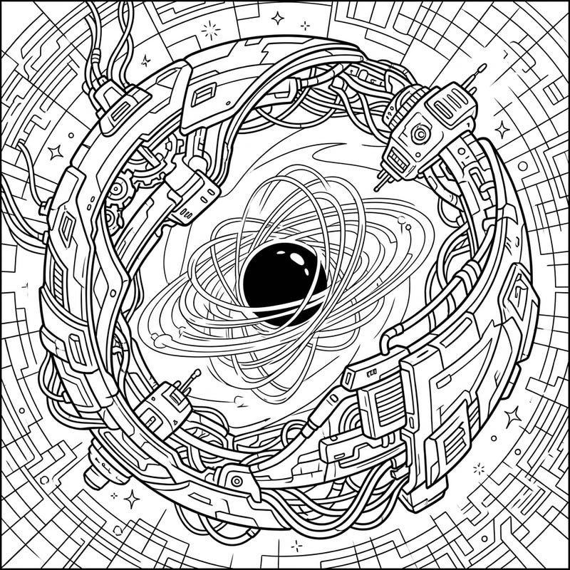 Journey into the future with this stunning Cyberpunk Ergosphere coloring page. Experience the intricate fusion of cosmic phenomena and high-tech aesthetics, ready for your artistic touch.