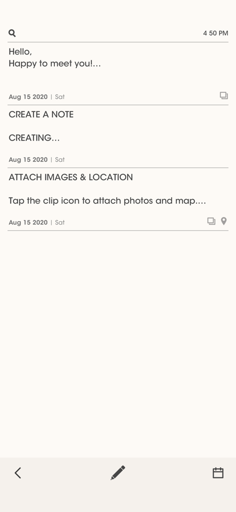 Simplife - A clean and minimalist note list view in the Simplife journaling app showing dated entries