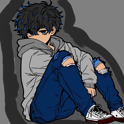 a male hoddie ripped jeans messy hair anime