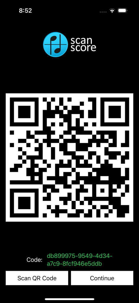 ScanScore Scanner - ScanScore Scanner app screen displaying a QR code for pairing with the desktop application