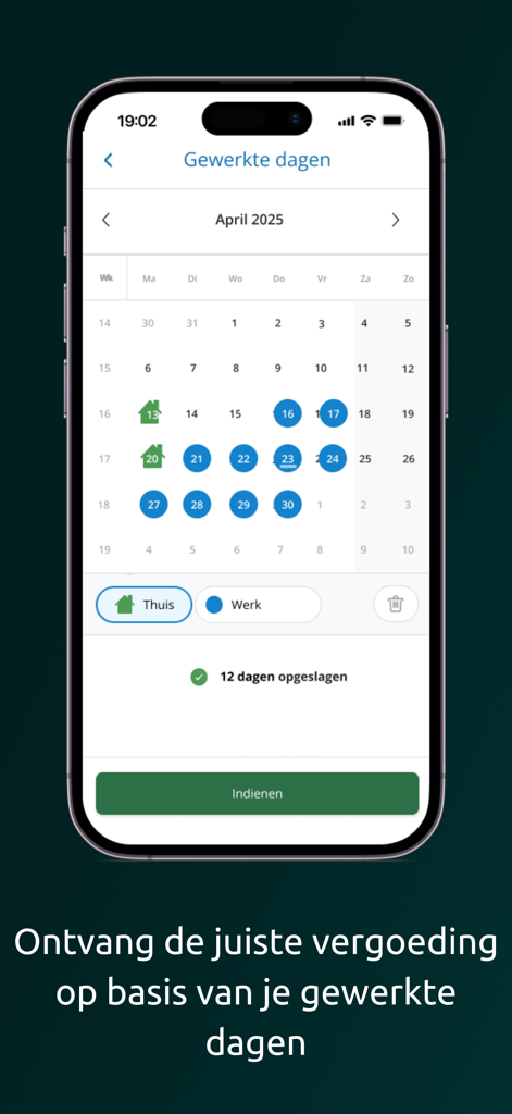 Youforce - A calendar view in the Youforce app for logging hybrid work days to calculate home office and travel allowances.