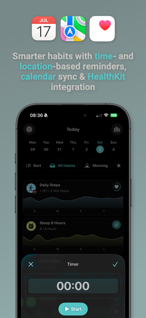 Habit Tracker - Habtik - Habtik habit tracker app interface showing HealthKit integration for steps and sleep plus smart reminders