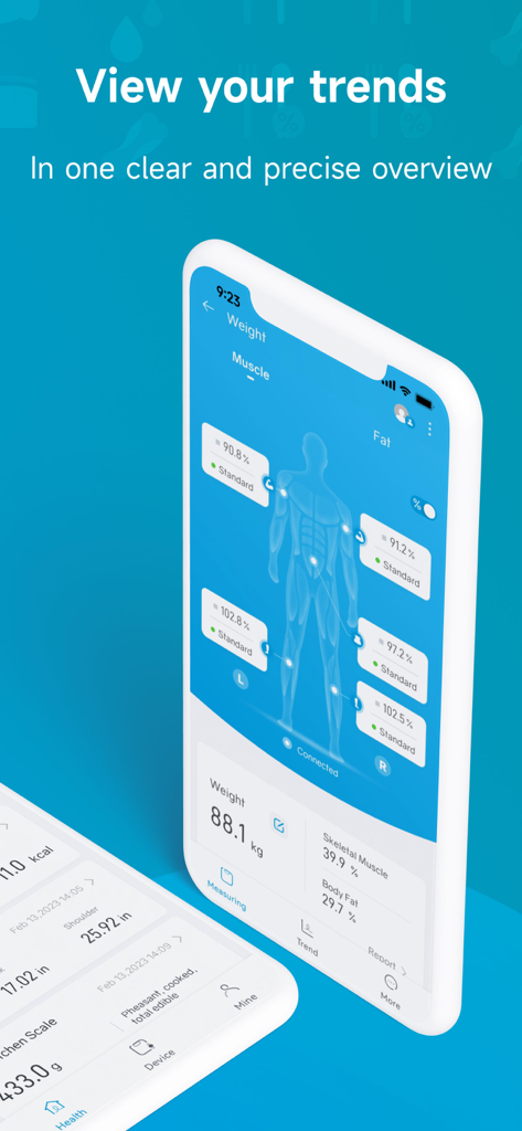 Silvergear Fit app dashboard displaying detailed body composition trends including muscle mass and fat percentage on a human model
