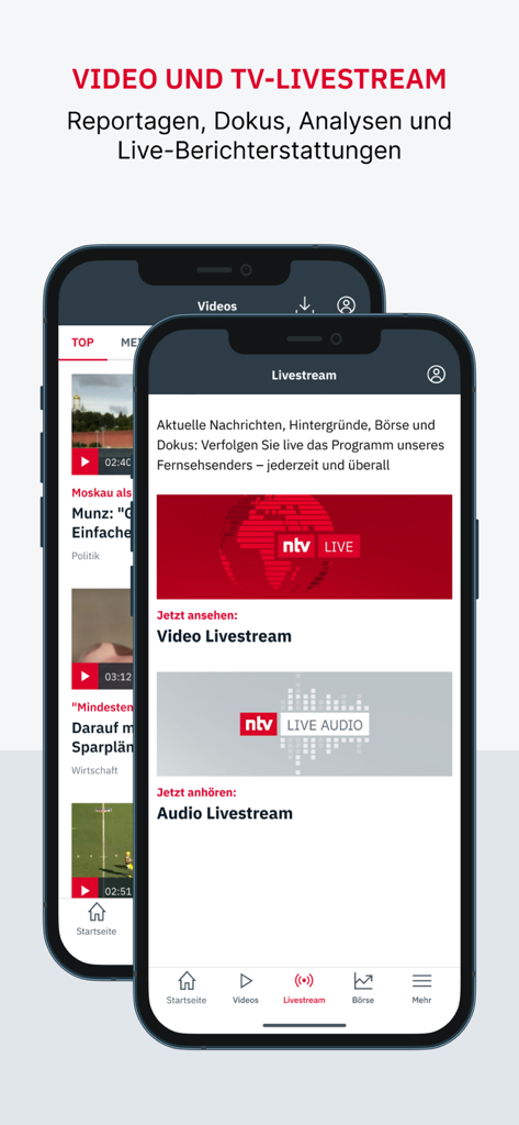ntv Nachrichten App-Oberfläche, die Optionen für Video- und Audio-Livestreams anzeigt