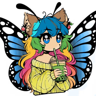 a realistic butterfly/furry girl drinking boba