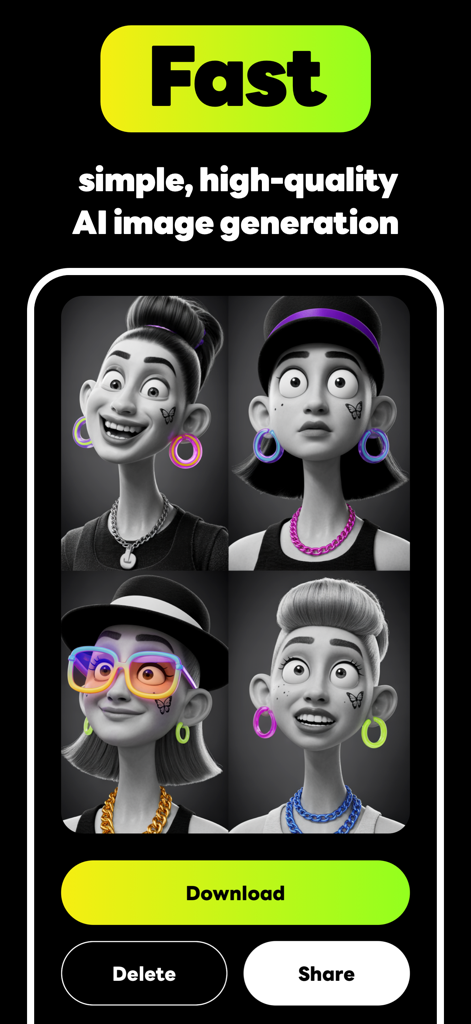 DeviantArt AI - Screenshot of the DeviantArt AI app interface showing four stylized character portraits and options to download share or delete.