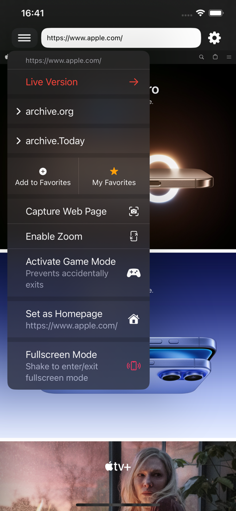 Screenshot of the Cached View app menu showing options for web archiving screen capture and focus mode