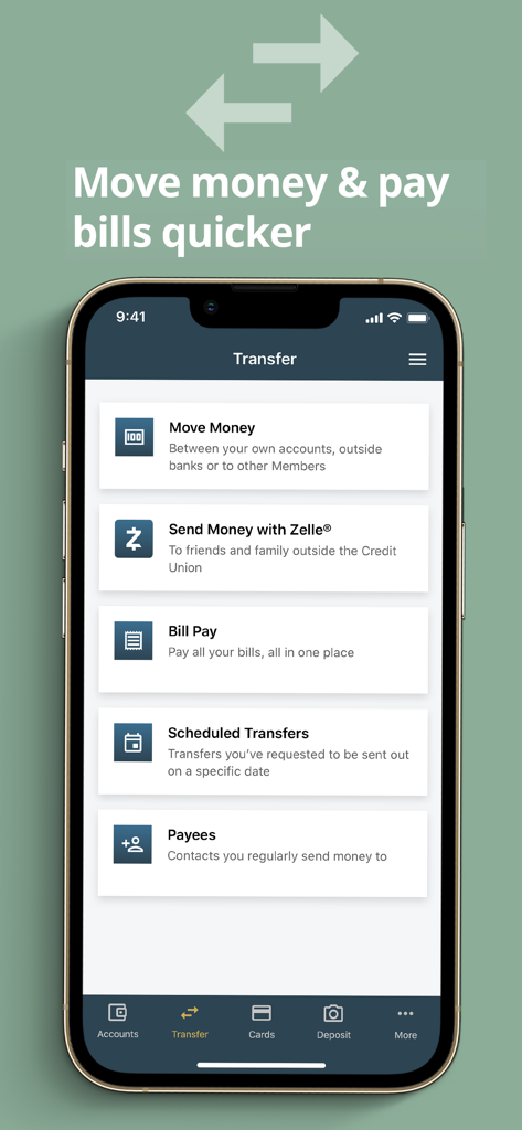 SchoolsFirst FCU Mobile - Écran de l'application mobile SchoolsFirst FCU affichant les options de transfert d'argent et de paiement de factures