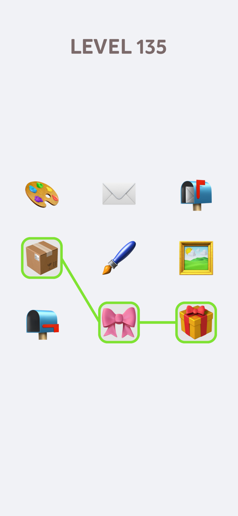 Emoji Puzzle! - 선물 상자와 분홍색 리본, 상자가 녹색 선으로 연결된 Emoji 퍼즐 레벨 135의 스크린샷