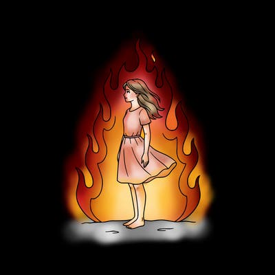 there is a fire but it's not so big but it's big but not too much and there is a girl standing in the middle