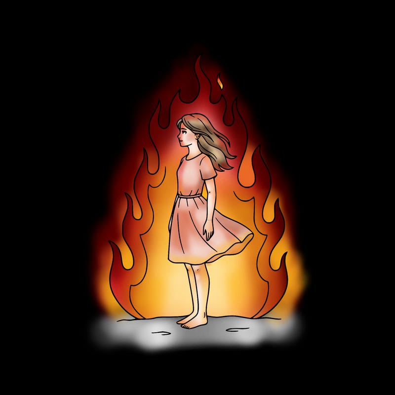 there is a fire but it's not so big but it's big but not too much and there is a girl standing in the middle