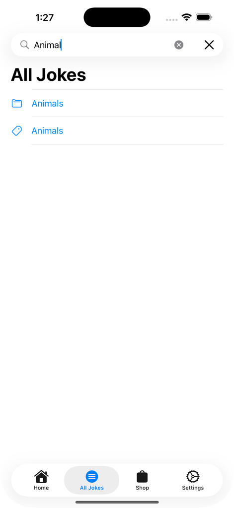 #DadJokes - DadJokesアプリの検索インターフェイス。動物のジョークのカテゴリ結果が表示されています。