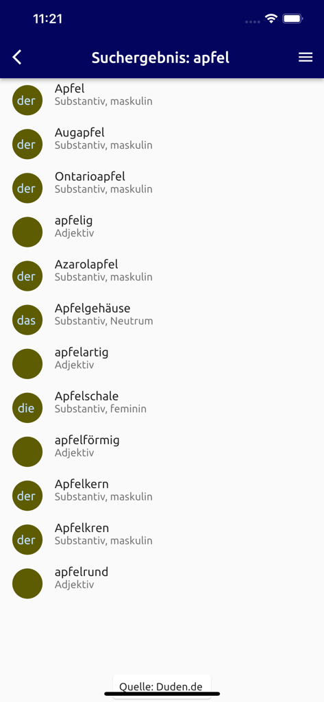 Search results for the word apfel in the German dictionary app showing articles and grammatical categories