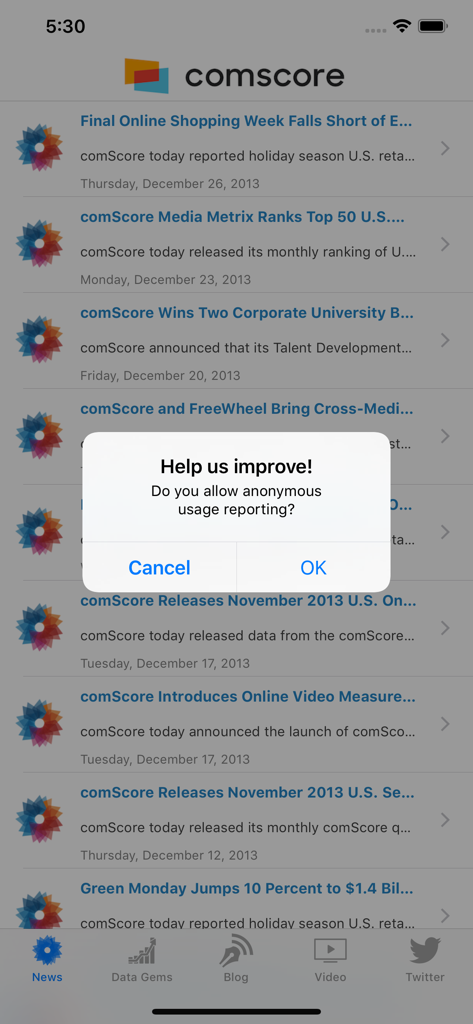 comScore News 앱이 뉴스 피드에 대한 익명 사용 보고를 개선하도록 돕는 팝업을 표시하는 모습.